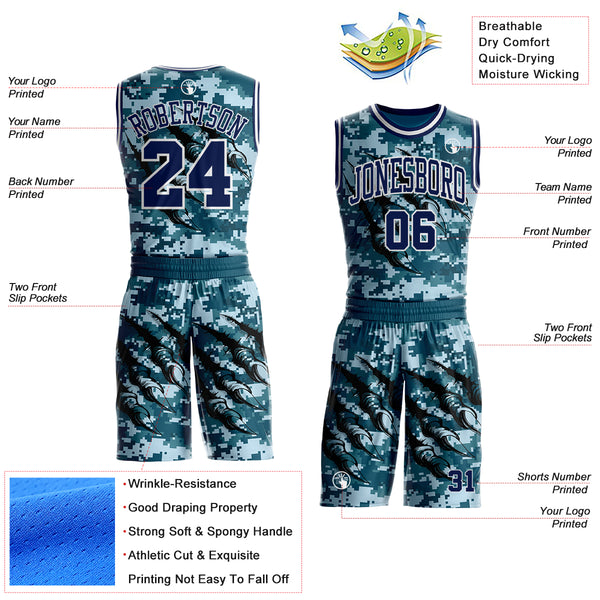 Custom Camo Navy-White Digital Camouflage Monster Claw Round Neck Sublimation Salute To Service Basketball Uniform Jersey