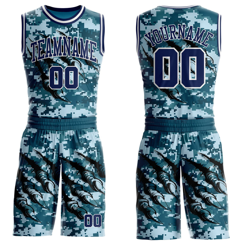 Custom Camo Navy-White Digital Camouflage Monster Claw Round Neck Sublimation Salute To Service Basketball Uniform Jersey