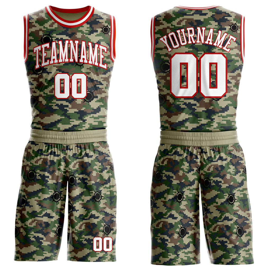 Custom Camo White-Red Woodland Camouflage Bullet Hole Round Neck Sublimation Salute To Service Basketball Uniform Jersey