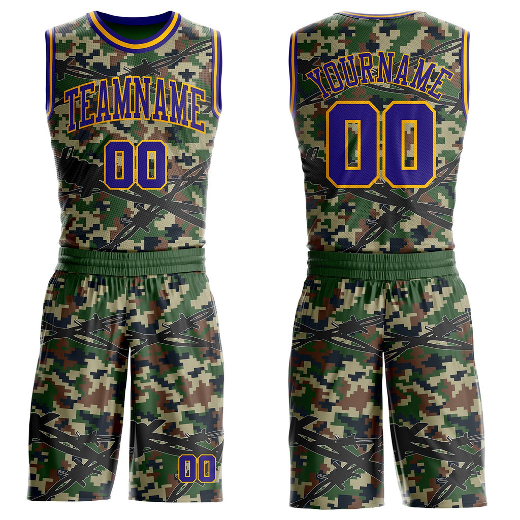 Custom Camo Dark Purple-Gold Woodland Camouflage Barbed Wire Round Neck Sublimation Salute To Service Basketball Uniform Jersey