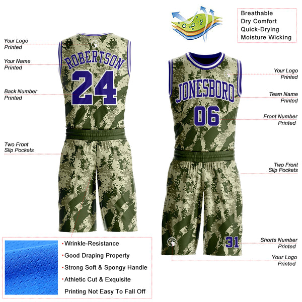 Custom Camo Dark Purple-White Digital Desert Camouflage Round Neck Sublimation Salute To Service Basketball Uniform Jersey