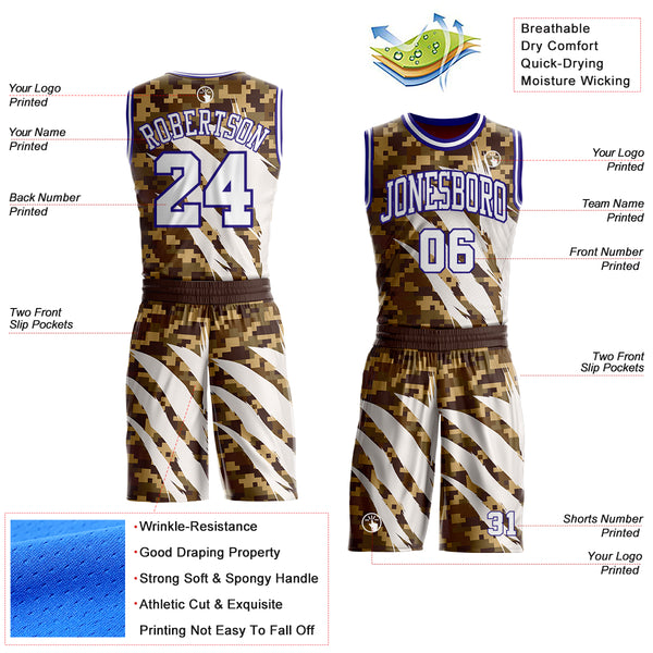 Custom Camo White-Dark Purple Desert Camouflage Claw Round Neck Sublimation Salute To Service Basketball Uniform Jersey