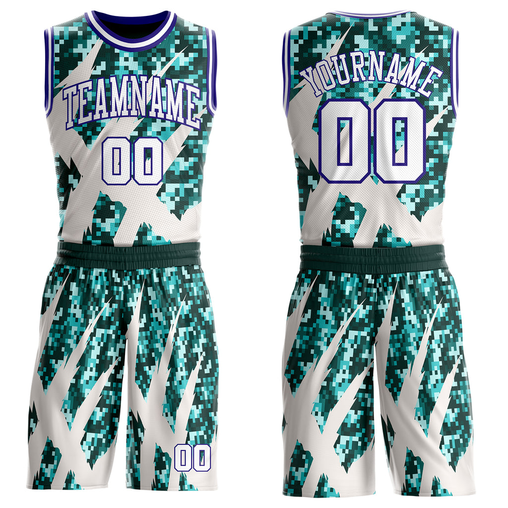 Custom Camo White-Dark Purple Digital Camouflage Claw Round Neck Sublimation Salute To Service Basketball Uniform Jersey