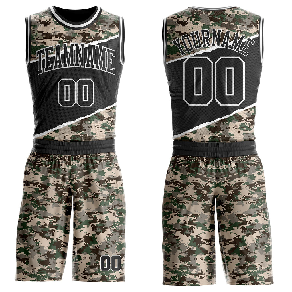 Custom Camo Black-White Digital Camouflage Round Neck Sublimation Salute To Service Basketball Uniform Jersey
