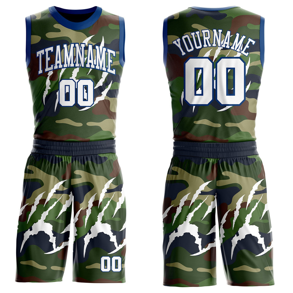 Custom Camo White-US Navy Blue Digital Camouflage Claw Round Neck Sublimation Salute To Service Basketball Uniform Jersey