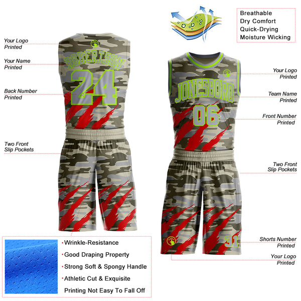 Custom Camo Gray-Neon Green Desert Camouflage Claw Round Neck Sublimation Salute To Service Basketball Uniform Jersey