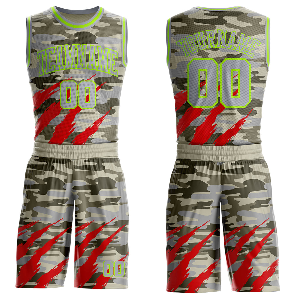 Custom Camo Gray-Neon Green Desert Camouflage Claw Round Neck Sublimation Salute To Service Basketball Uniform Jersey