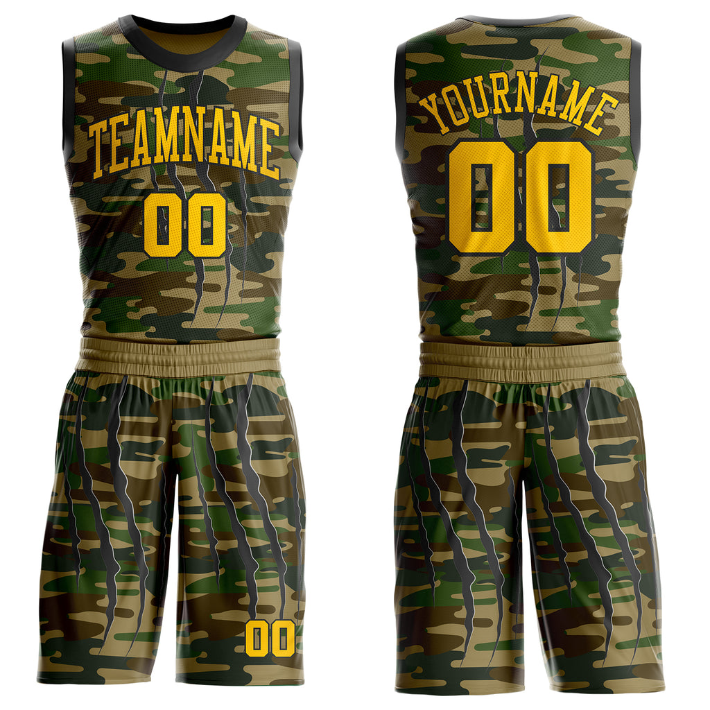 Custom Camo Yellow-Black Digital Camouflage Claw Round Neck Sublimation Salute To Service Basketball Uniform Jersey