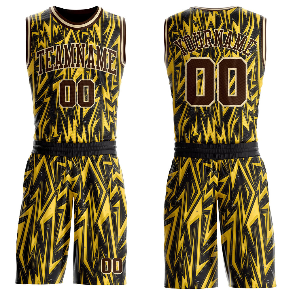 Custom Black Brown Yellow-Cream Edgy Lightning Round Neck Sublimation Basketball Uniform Jersey