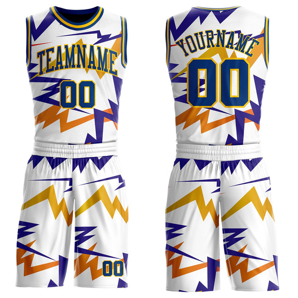 Custom White US Navy Blue-Yellow Retro Lightning Round Neck Sublimation Basketball Uniform Jersey