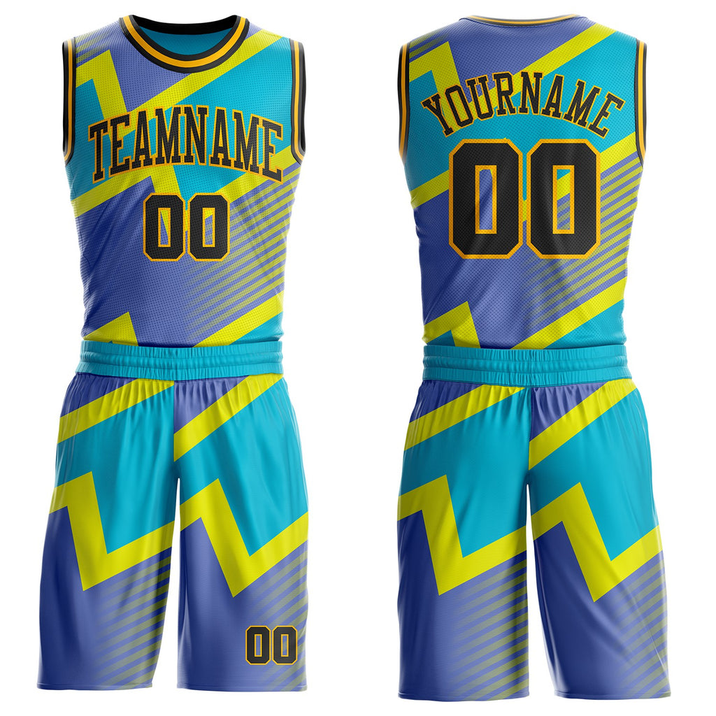 Custom Blue Black-Gold Vibrant Lightning Stripe Round Neck Sublimation Basketball Uniform Jersey