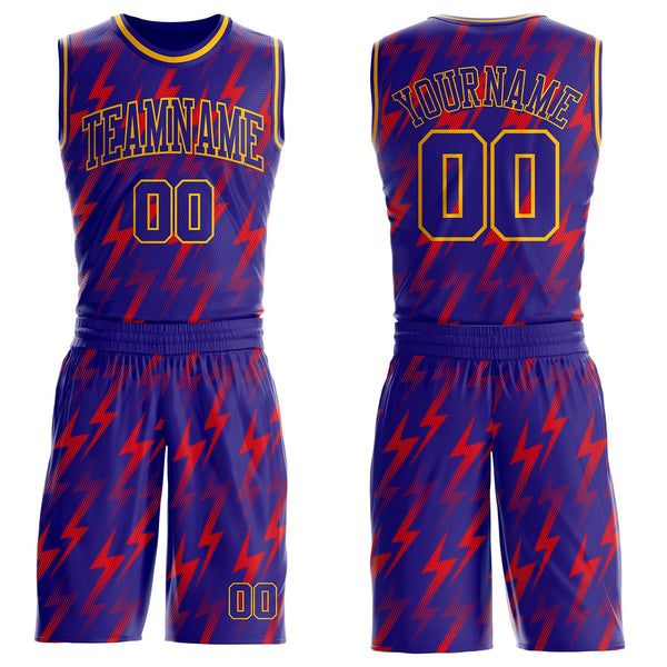 Custom Dark Purple Red-Gold Gradient Lightning Round Neck Sublimation Basketball Uniform Jersey