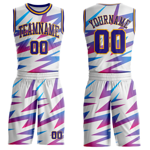 Custom White Dark Purple-Gold Abstract Lightning Round Neck Sublimation Basketball Uniform Jersey