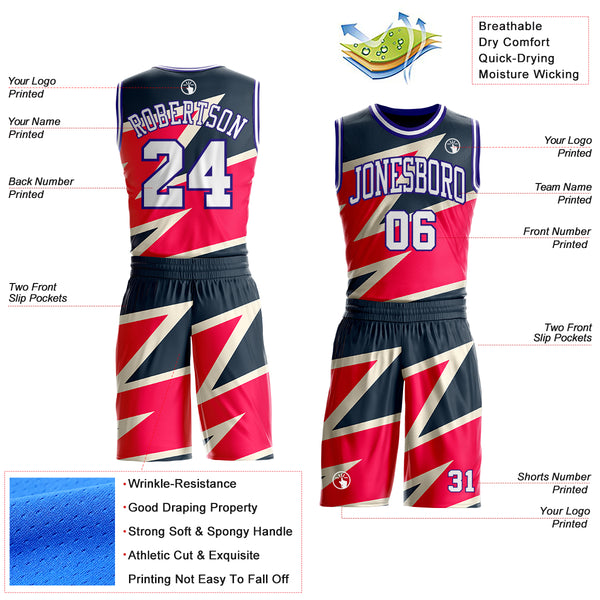 Custom Black White Red Cream-Dark Purple Vibrant Lightning Stripe Round Neck Sublimation Basketball Uniform Jersey