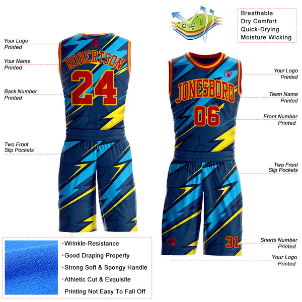 Custom Blue Red-Gold Abstract Lightning Round Neck Sublimation Basketball Uniform Jersey