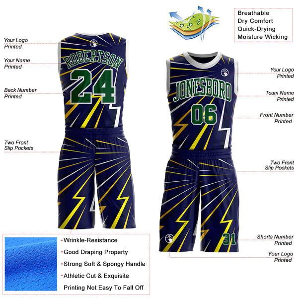 Custom Blue Green Yellow-White Lightning Burst Round Neck Sublimation Basketball Uniform Jersey