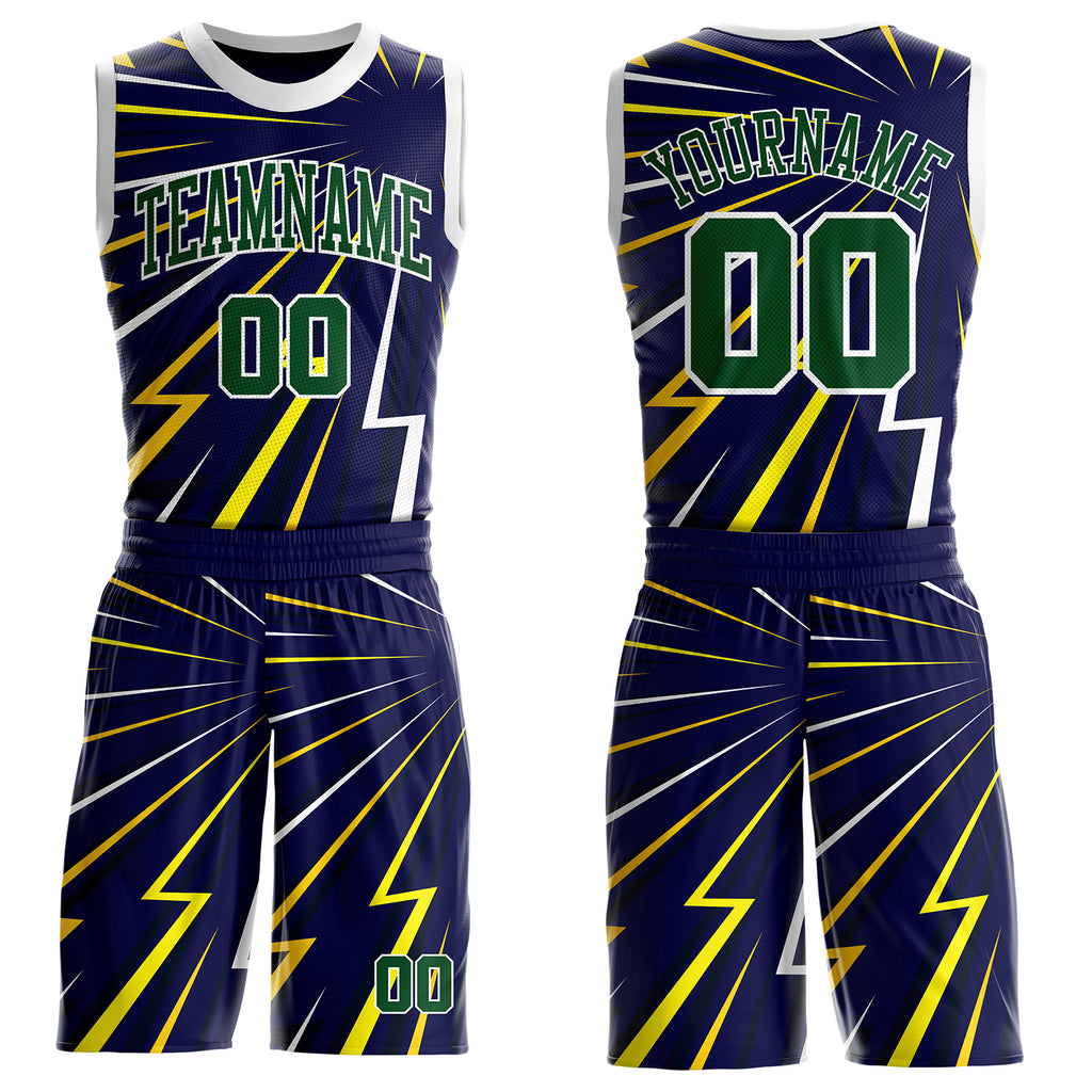 Custom Blue Green Yellow-White Lightning Burst Round Neck Sublimation Basketball Uniform Jersey