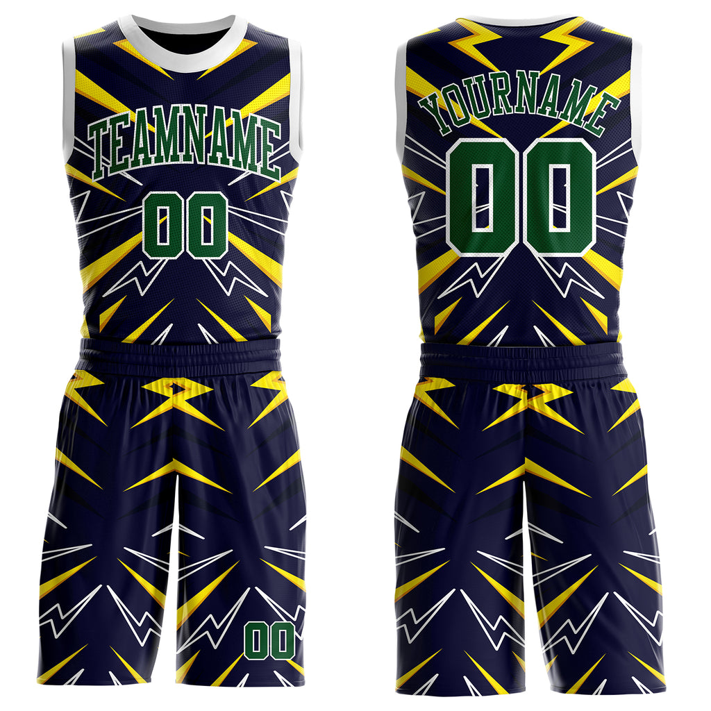 Custom Blue Green Yellow-White Lightning Burst Round Neck Sublimation Basketball Uniform Jersey