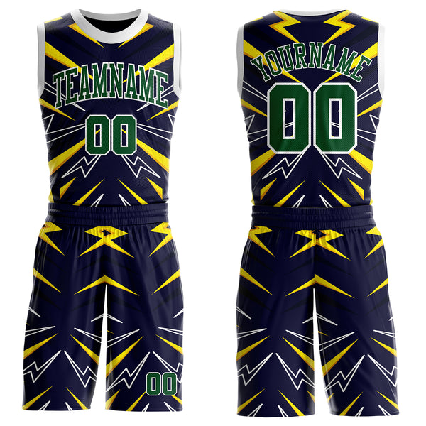 Custom Blue Green Yellow-White Lightning Burst Round Neck Sublimation Basketball Uniform Jersey