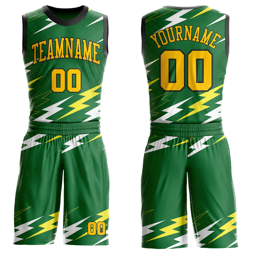 Custom Green Yellow-Black Abstract Lightning Round Neck Sublimation Basketball Uniform Jersey