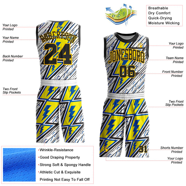 Custom White Black Blue-Yellow Geometric Lightning Round Neck Sublimation Basketball Uniform Jersey