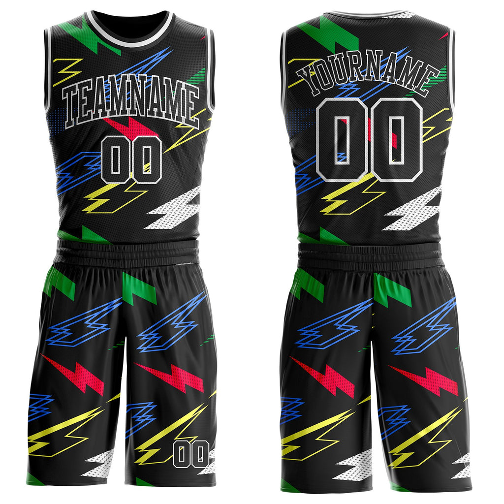 Custom Black Green Blue Red-White Geometric Lightning Round Neck Sublimation Basketball Uniform Jersey