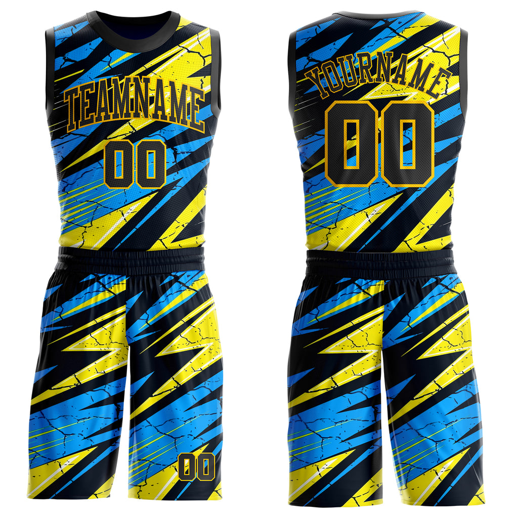 Custom Blue Black-Yellow Geometric Lightning Round Neck Sublimation Basketball Uniform Jersey