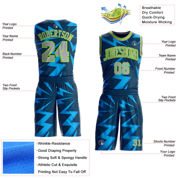 Custom Blue Gray-Neon Green Lightning Burst Round Neck Sublimation Basketball Uniform Jersey