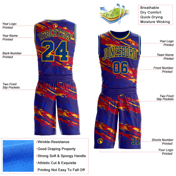 Custom US Navy Blue Red-Yellow Brush Stroke Abstract Round Neck Sublimation Basketball Uniform Jersey