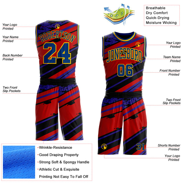 Custom Red US Navy Blue Black-Yellow Abstract Diagonal Stripe Splatter Round Neck Sublimation Basketball Uniform Jersey