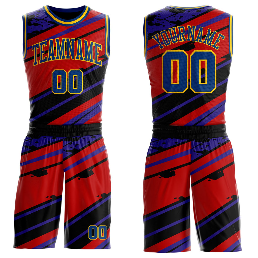 Custom Red US Navy Blue Black-Yellow Abstract Diagonal Stripe Splatter Round Neck Sublimation Basketball Uniform Jersey