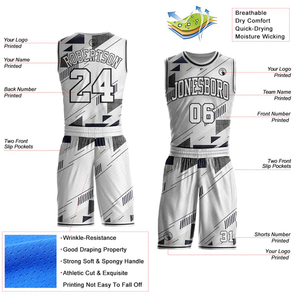 Custom White Gray-Black Geometric Abstract Triangle Round Neck Sublimation Basketball Uniform Jersey