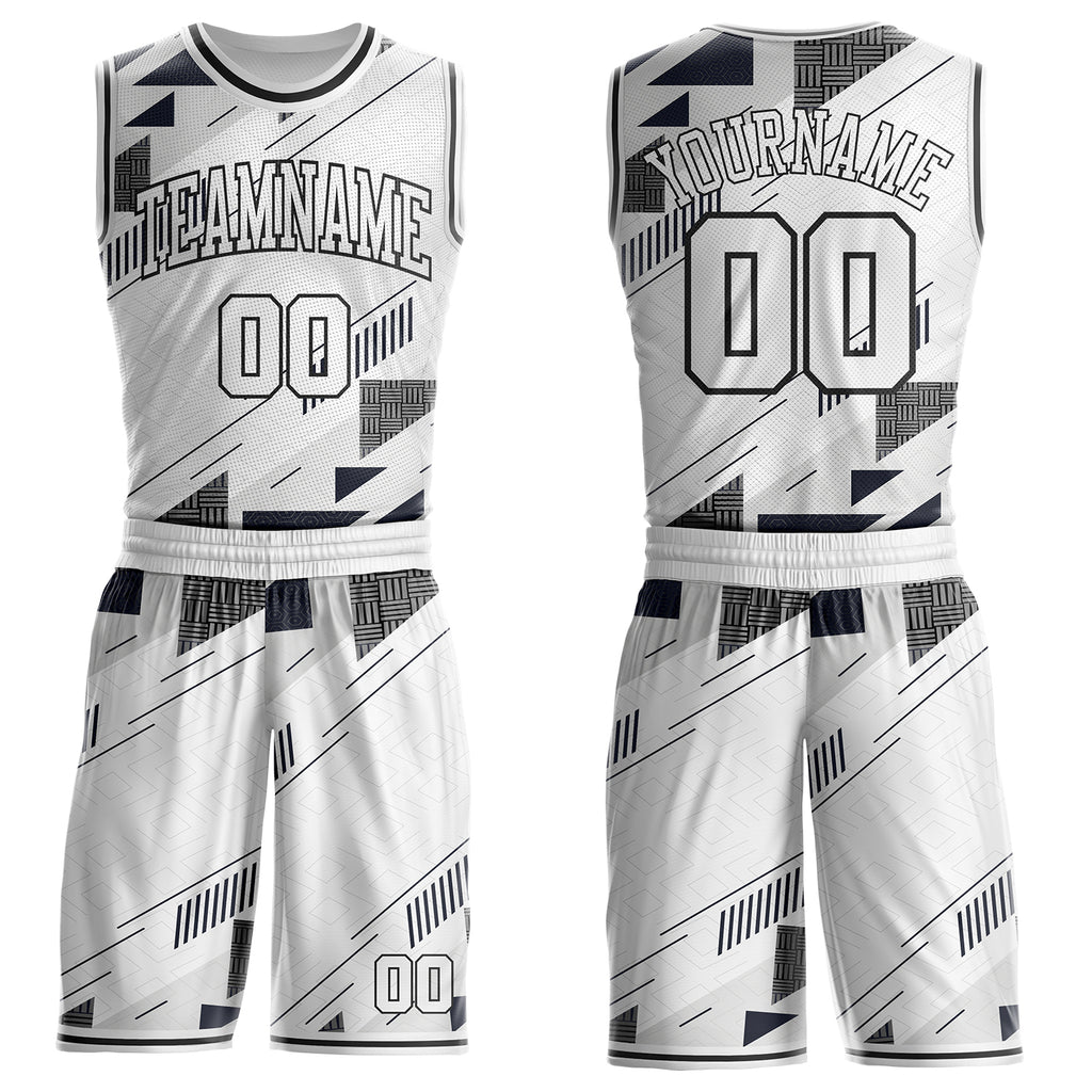 Custom White Gray-Black Geometric Abstract Triangle Round Neck Sublimation Basketball Uniform Jersey