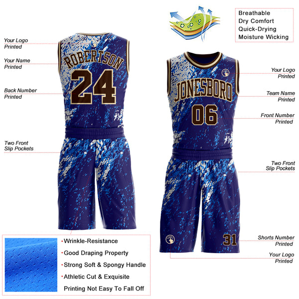 Custom Blue Brown White-Cream Brush Stroke Abstract Round Neck Sublimation Basketball Uniform Jersey
