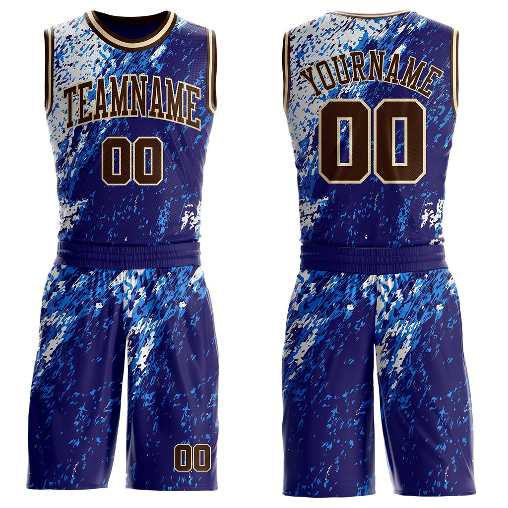 Custom Blue Brown White-Cream Brush Stroke Abstract Round Neck Sublimation Basketball Uniform Jersey