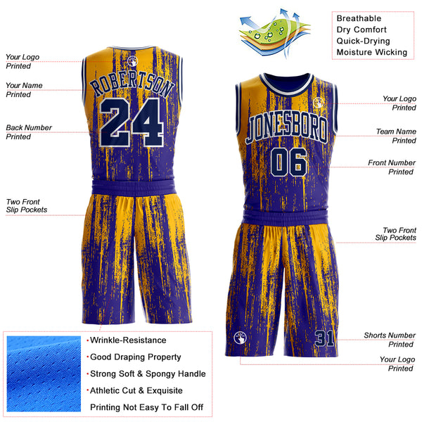 Custom Dark Purple Navy Gold-White Grunge Paint Round Neck Sublimation Basketball Uniform Jersey