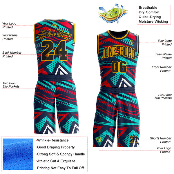 Custom Blue Black Red-Gold Geometric Abstract Triangle Round Neck Sublimation Basketball Uniform Jersey