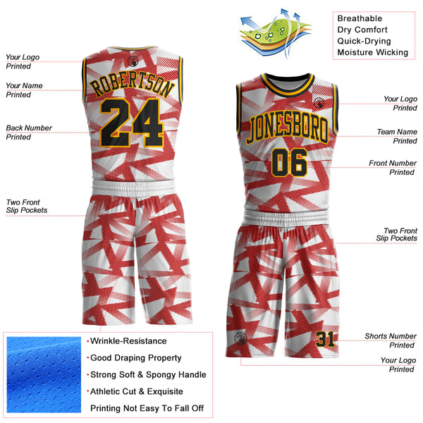 Custom White Black Red-Gold Abstract Geometric Round Neck Sublimation Basketball Uniform Jersey