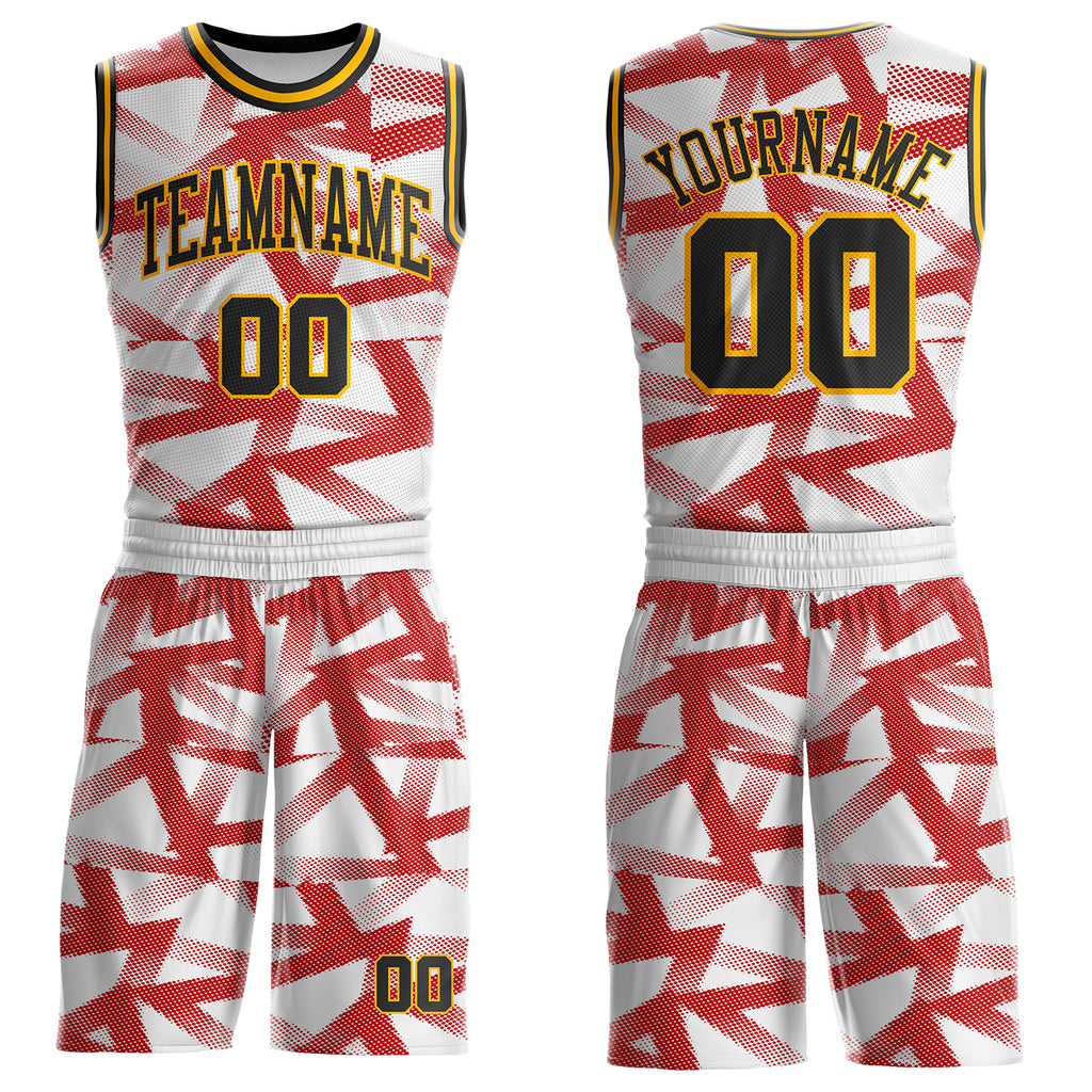 Custom White Black Red-Gold Abstract Geometric Round Neck Sublimation Basketball Uniform Jersey