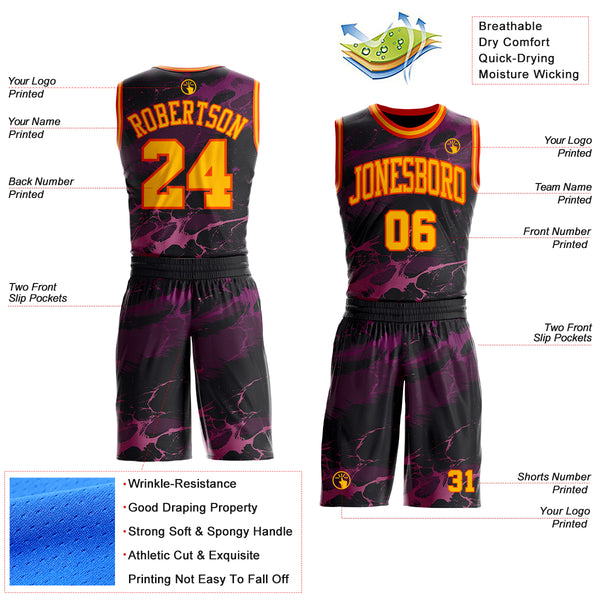 Custom Black Gold Purple-Orange Abstract Liquid Marble Lava Round Neck Sublimation Basketball Uniform Jersey