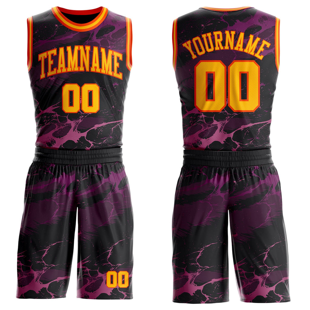 Custom Black Gold Purple-Orange Abstract Liquid Marble Lava Round Neck Sublimation Basketball Uniform Jersey