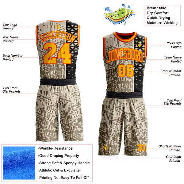 Custom Cream Gold Black-Orange Split Geometric Tribal Round Neck Sublimation Basketball Uniform Jersey