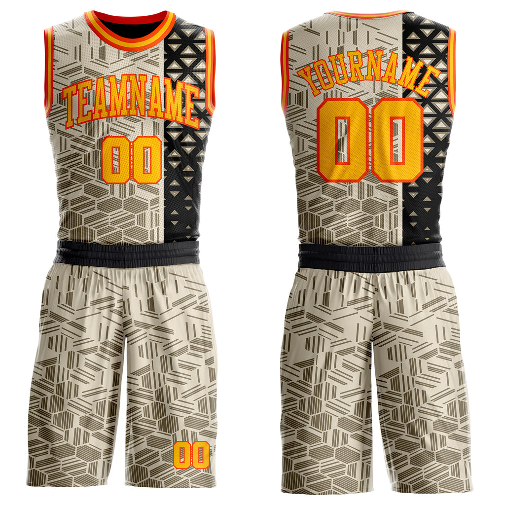Custom Cream Gold Black-Orange Split Geometric Tribal Round Neck Sublimation Basketball Uniform Jersey