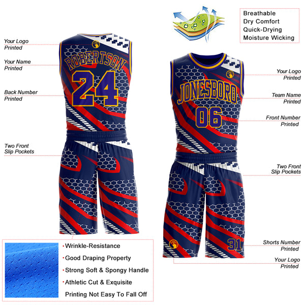 Custom Navy Dark Purple Red-Gold Geometric Abstract Hexagon Round Neck Sublimation Basketball Uniform Jersey