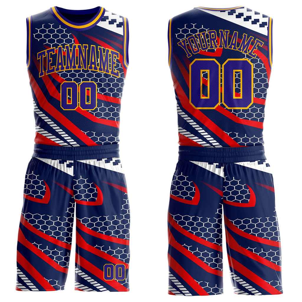 Custom Navy Dark Purple Red-Gold Geometric Abstract Hexagon Round Neck Sublimation Basketball Uniform Jersey
