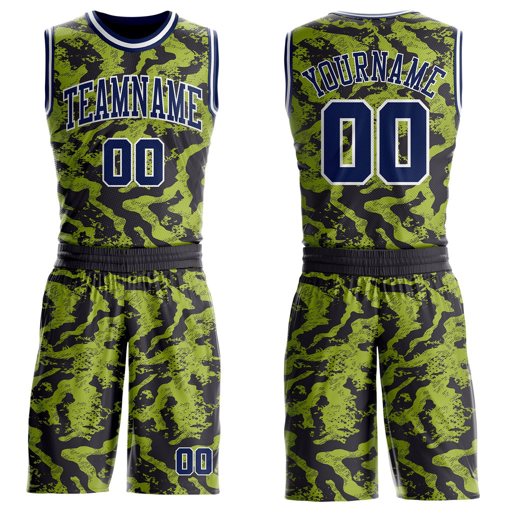 Custom Green Navy Black-White Abstract Liquid Marble Round Neck Sublimation Basketball Uniform Jersey