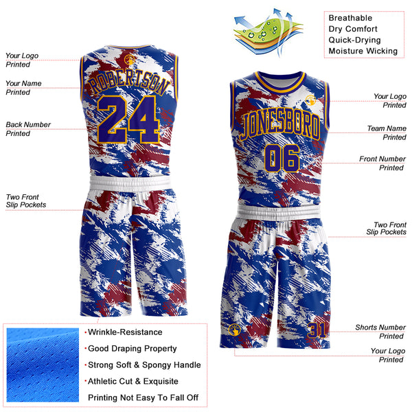 Custom White Dark Purple Blue Red-Gold Brush Stroke Abstract Round Neck Sublimation Basketball Uniform Jersey