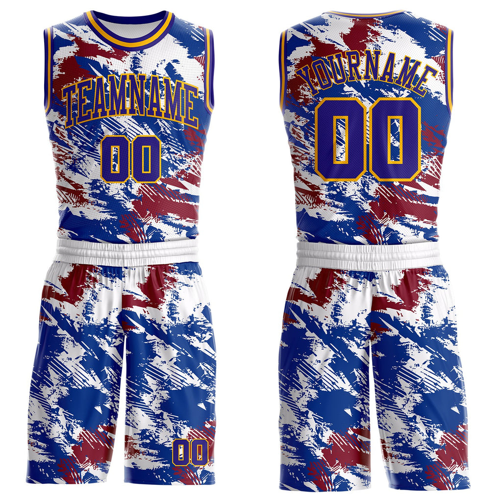 Custom White Dark Purple Blue Red-Gold Brush Stroke Abstract Round Neck Sublimation Basketball Uniform Jersey