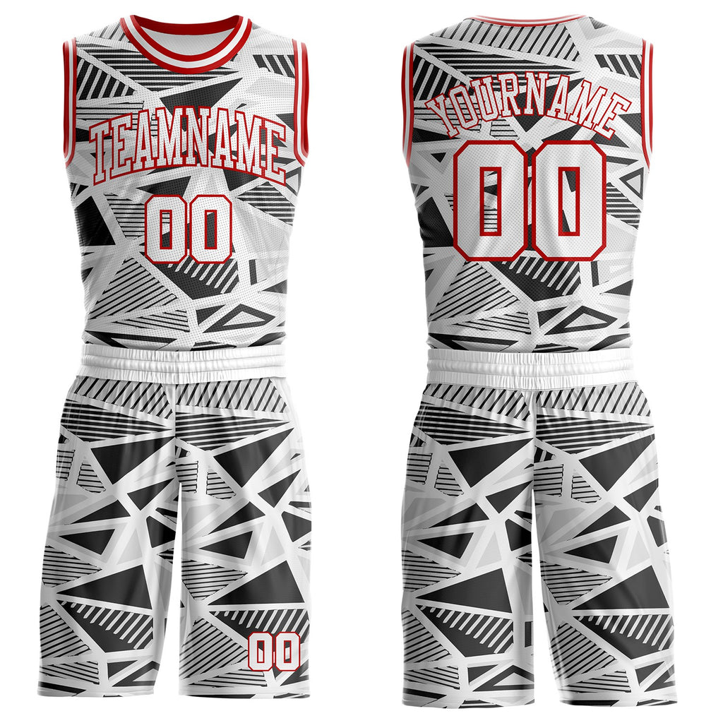 Custom White Black Gray-Red Geometric Abstract Triangle Round Neck Sublimation Basketball Uniform Jersey