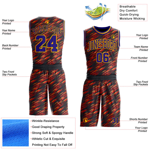 Custom Black Dark Purple Red-Gold Lightning Abstract Round Neck Sublimation Basketball Uniform Jersey